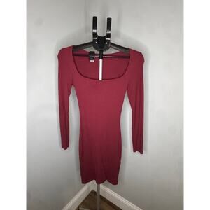 REORIA Women’s Ribbed Bodycon Dress Long Sleeve Scoop Neck Red Size Medium